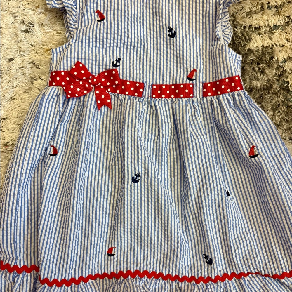 Striped Blue and White Kids Sailor Dress with Red Accents
